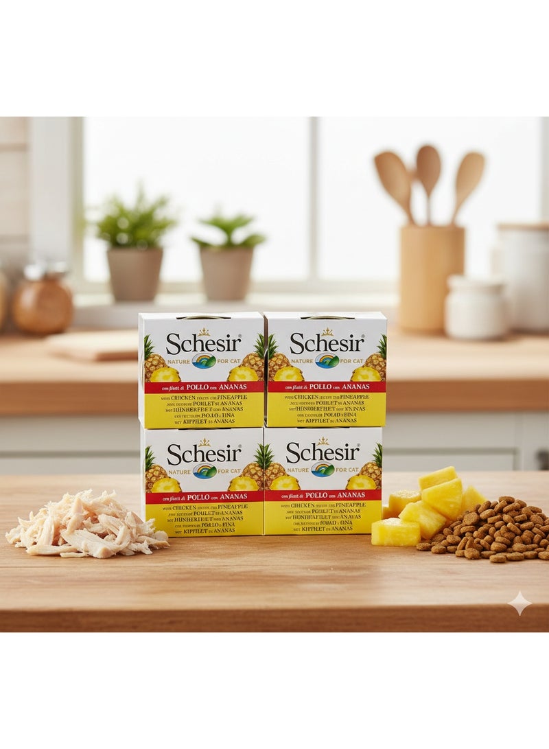 Schesir Nature for Cat 4-Pack 🐾 – Chicken Fillets with Pineapple in Broth – 100% Natural Ingredients – 300 g (4 x 75 g Cans) ✨